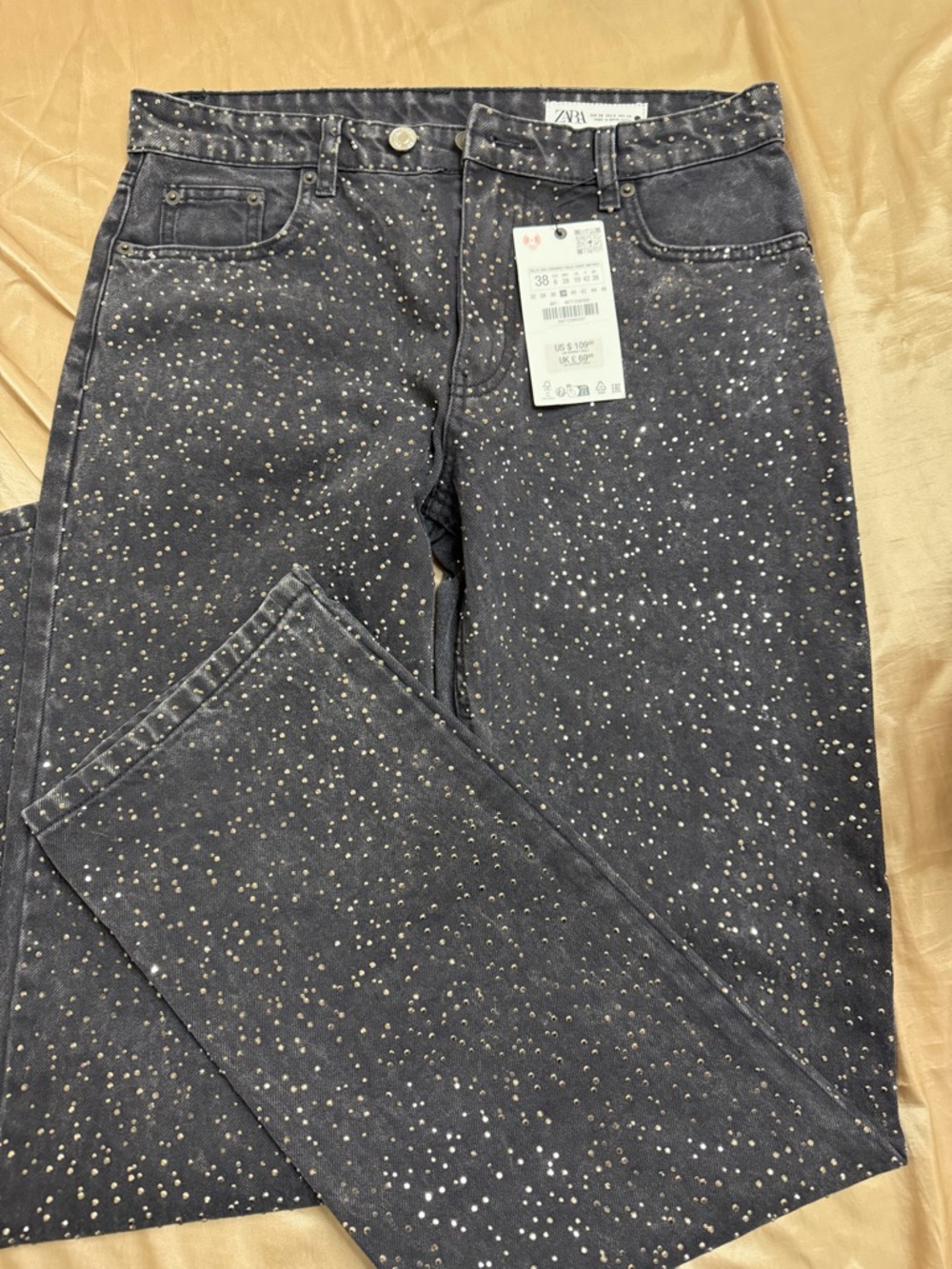 ZARA Black Speckled Straight-Leg Jeans with Rhinestone